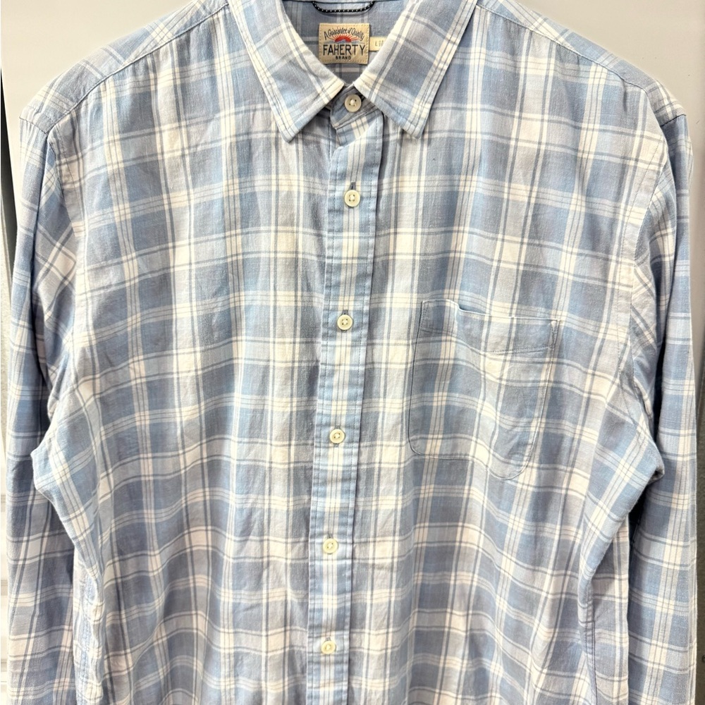 Faherty Lightweight Movement Flannel Plaid Shirt Blue Mens Large Utility Outdoor